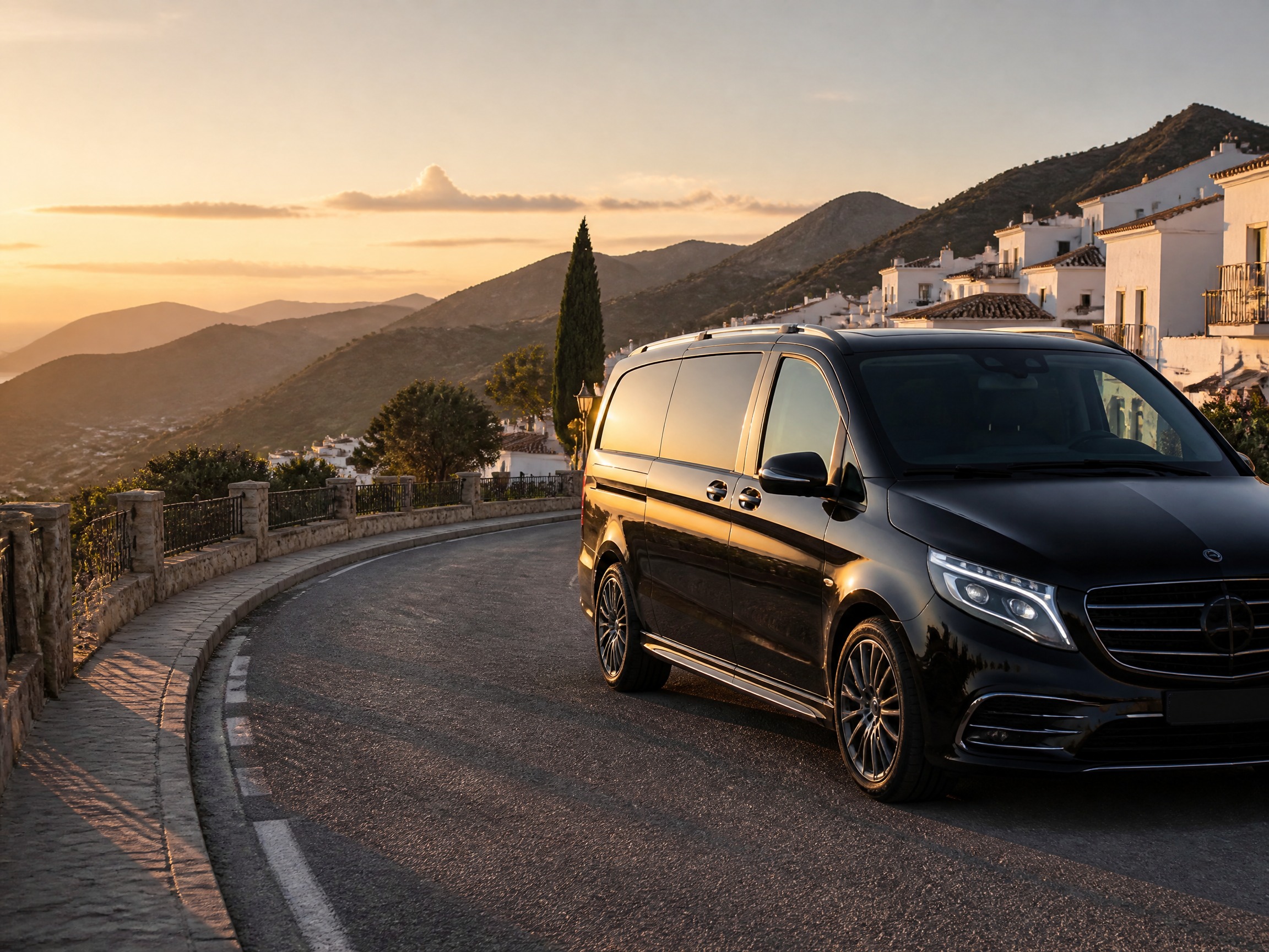 Executive minibus on a scenic route through a white village in Andalusia